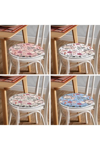 Realhomes Set of 4 Pastel Floor Dried Flower Drawing Digital Printed Round Zippered Chair Cushions