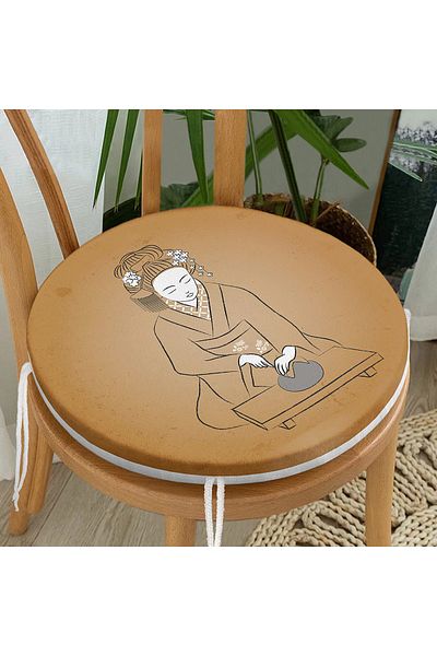Realhomes Traditional Japanese Female Figure Digital Printed Special Design Round Zippered Chair Cushion