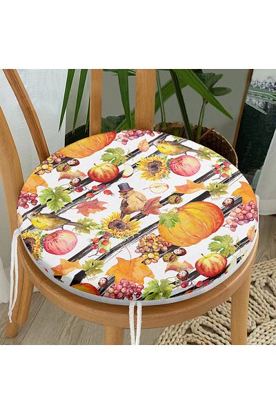 Realhomes Modern Round Zippered Chair Cushion with Black Striped Pumpkin Pattern on White Background