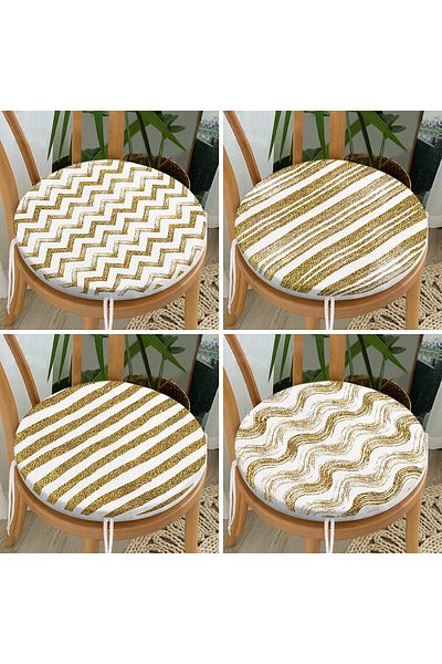 Realhomes Set of 4 Round Zippered Chair Cushions with Gold Detail on White Background
