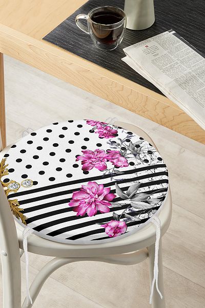 Realhomes Striped Polka Dot Floor Floral Patterned Special Design Digital Printed Round Zippered Chair Cushion