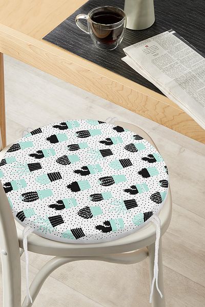Realhomes Modern Round Zippered Chair Cushion with Black Polka Dot Cactus Pattern on White Background