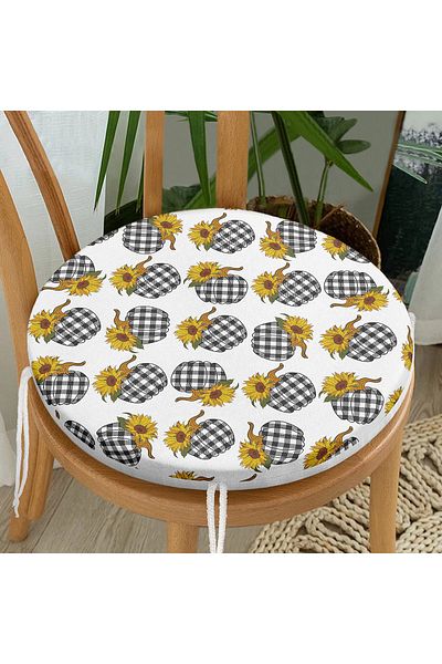 Realhomes Modern Round Zippered Chair Cushion with Plaid Pattern Pumpkin Motif on White Background
