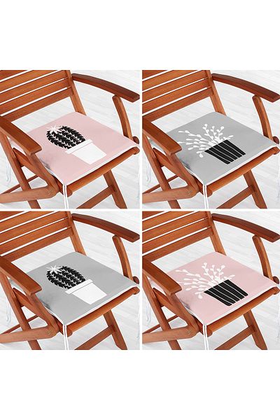 Realhomes 4-Piece Gray & Pink Floor Pot Cactus Design Digital Printed Zippered Chair Cushion Set