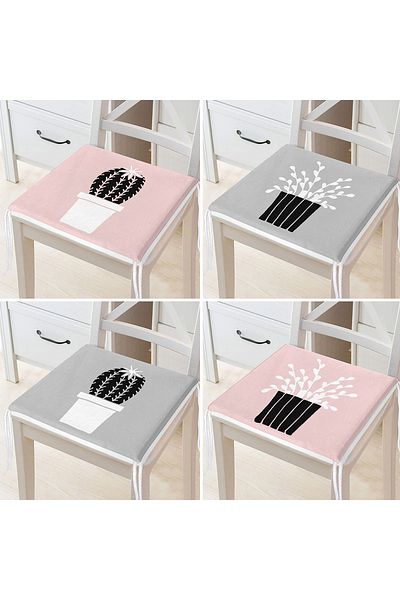 Realhomes 4-Piece Gray & Pink Floor Pot Cactus Design Digital Printed Zippered Chair Cushion Set