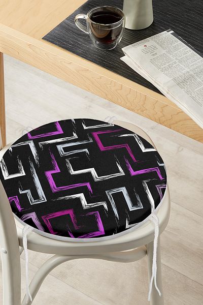 Realhomes Colorful Geometric Patterned Digital Printed Round Zippered Chair Cushion on Black Background