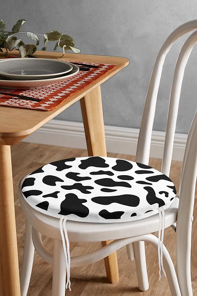 Realhomes Black Geometric Patterned Digital Printed Round Zippered Chair Cushion on White Background