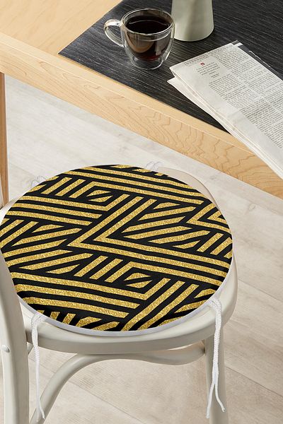 Realhomes Black Geometric Patterned Digital Printed Modern Round Zippered Chair Cushion on Gold Floor