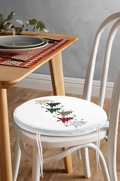 Realhomes Digital Printed Round Zippered Chair Cushion with Plaid Pine Tree Pattern on White Background