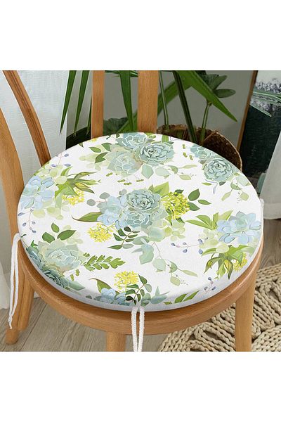 Realhomes Green Colored Flower Patterned Digital Printed Modern Round Zippered Chair Cushion on White Background