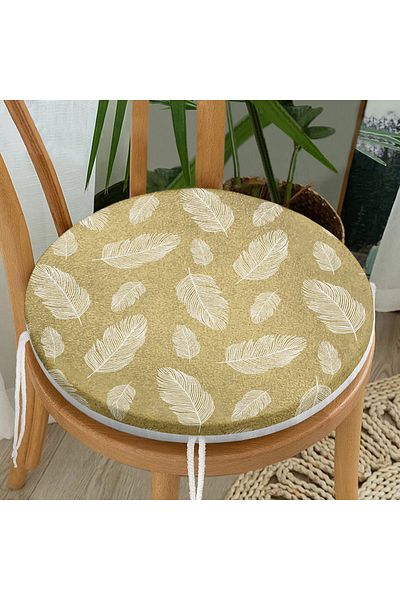 Realhomes White Colored Leaf Patterned Digital Printed Modern Round Zippered Chair Cushion on Gold Floor
