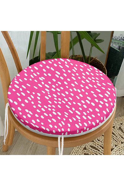 Realhomes Digital Printed Modern Round Zippered Chair Cushion with White Polka Dot Pattern on Pink Background
