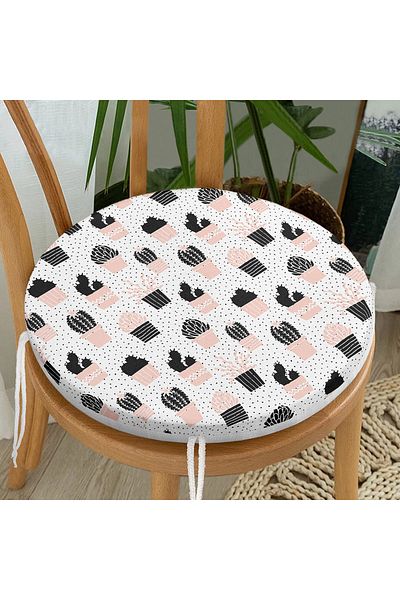 Realhomes Modern Round Zippered Chair Cushion with Black Polka Dot Cactus Pattern on White Background