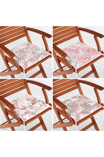 Realhomes Set of 4 Geometric Marble Patterned Pink Flower Motif Digital Printed Zippered Chair Cushions