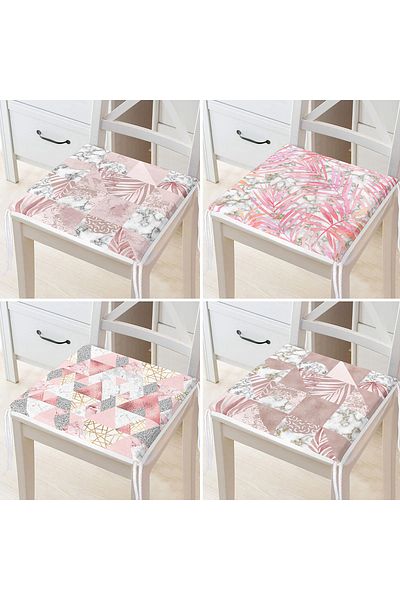 Realhomes Set of 4 Geometric Marble Patterned Pink Flower Motif Digital Printed Zippered Chair Cushions