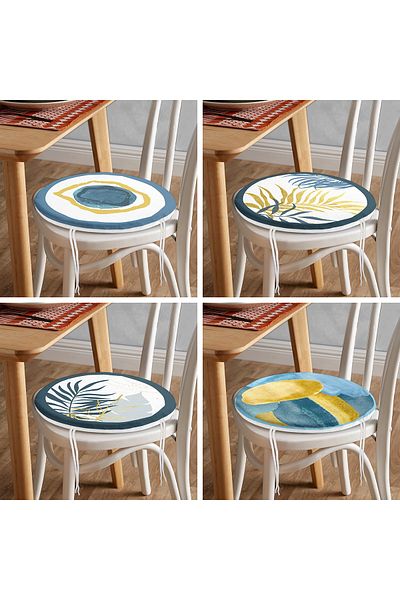 Realhomes 4-Piece Colorful Gold Detailed Leaf Patterned Modern Round Zippered Chair Cushion Set on the Floor