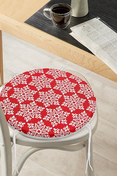 Realhomes White Snowflake Patterned Digital Printed Modern Round Zippered Chair Cushion on Red Background