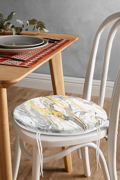 Realhomes Modern Round Zippered Chair Cushion with Gold Detail and Soft Drawing Pattern on Gray Background