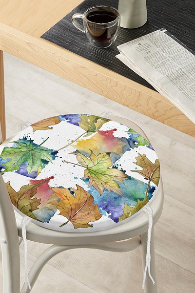 Realhomes Autumn Leaf Pattern Digital Printed Round Zippered Chair Cushion on White Background