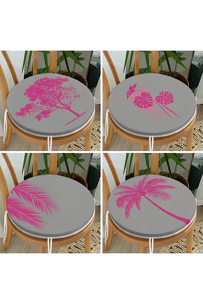 Realhomes 4-Piece Fuchsia Tree Motif Decorative Digital Printed Round Zippered Chair Cushion on Gray Background