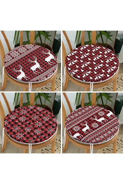Realhomes Set of 4 New Year's Special Design Plaid Floored Deer and Snowflakes Round Zippered Chair Cushion