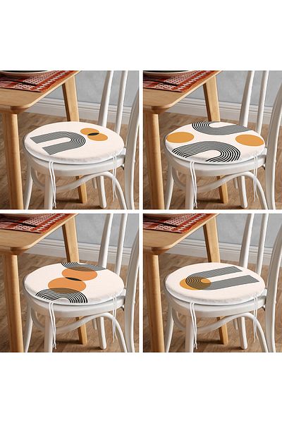 Realhomes Set of 4 Abstract Designed Digital Printed Round Zippered Chair Cushions with Geometric Drawings
