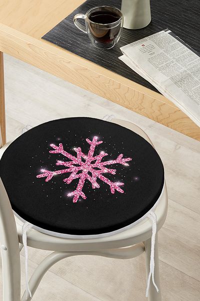 Realhomes Pink Color Snowflake Patterned Digital Printed Round Zippered Chair Cushion with Black Background