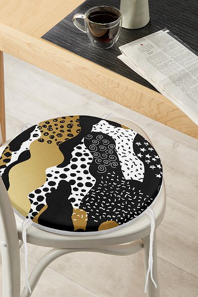 Realhomes Modern Patterned Digital Printed Round Zippered Chair Cushion with Gold Detail on Black Background