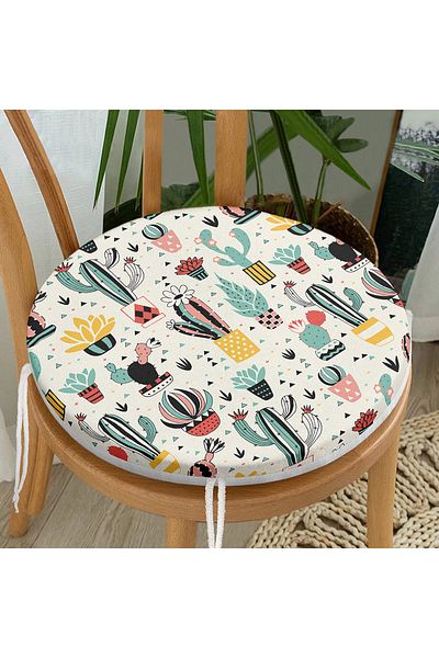 Realhomes Digital Printed Round Zippered Chair Cushion with Cute Cactus Pattern on Colorful Floor