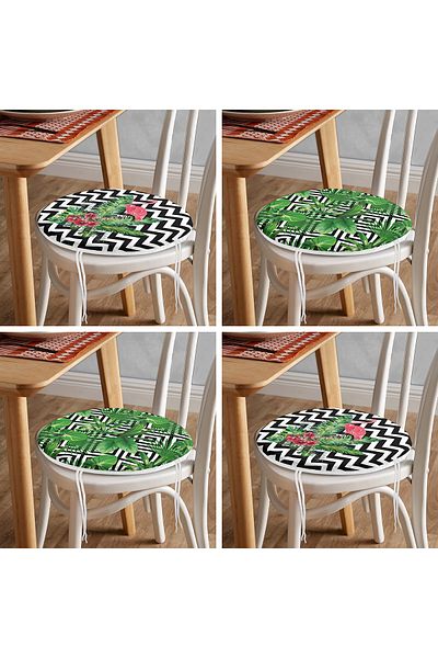 Realhomes 4-Piece Tropical Leaf and Flamingo Round Zippered Chair Cushion on Geometric Lines