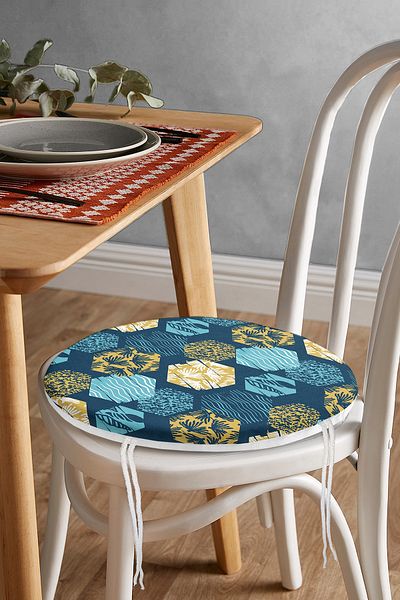 Realhomes Modern Round Zippered Chair Cushion with Geometric Patterned Leaf Motif on Colorful Floor