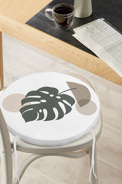 Realhomes Digital Printed Round Zippered Chair Cushion with Colorful Background and Onedraw Drawing Leaf Pattern