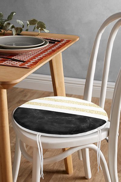 Realhomes Modern Round Zippered Chair Cushion with Black Marble Detail and Gold Horizontal Stripes on White Background
