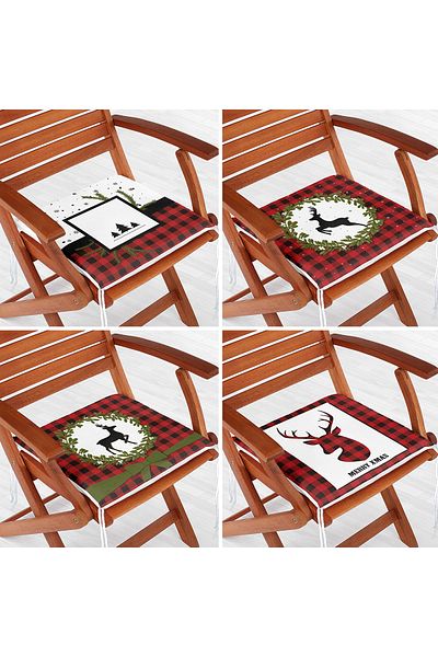 Realhomes Set of 4 Red Plaid Mery Christmas Special Designed Digital Printed Zippered Chair Cushions
