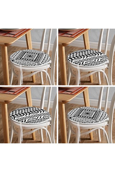 Realhomes Set of 4 Black and White Ethnic Geometric Drawings Digital Printed Round Zippered Chair Cushions