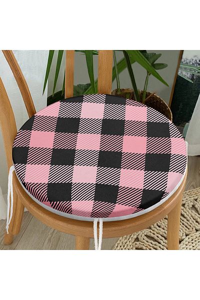 Realhomes Black Plaid Patterned Digital Printed Modern Round Zippered Chair Cushion on Colorful Pastel Floor
