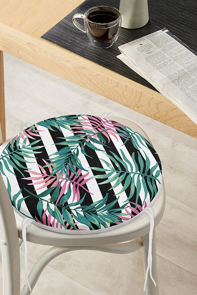 Realhomes Modern Round Zippered Chair Cushion with Black and White Striped Green Leaf Pattern on White Background