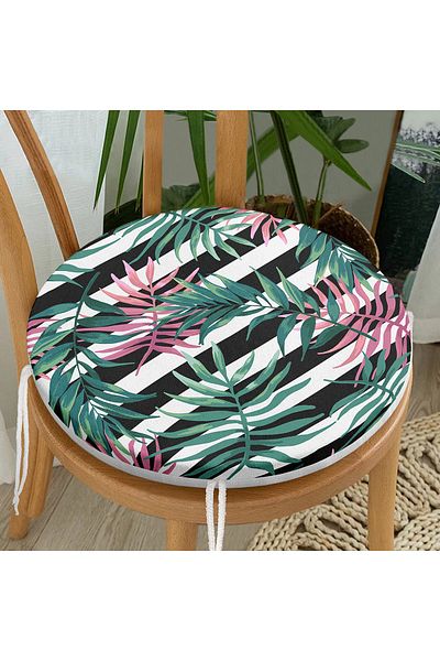 Realhomes Modern Round Zippered Chair Cushion with Black and White Striped Green Leaf Pattern on White Background