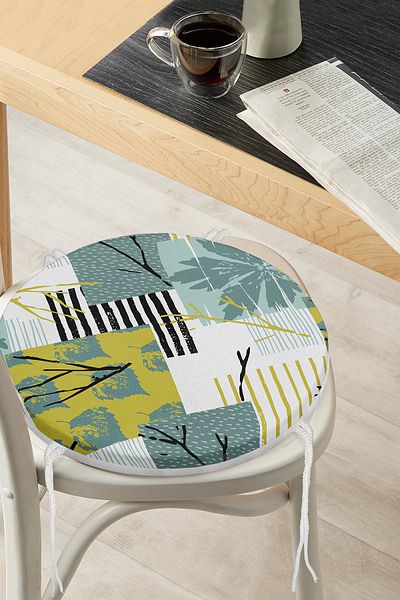 Realhomes Modern Round Zippered Chair Cushion with Onedraw Drawing Leaf Motif on White Background
