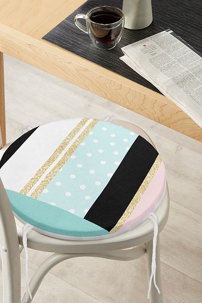 Realhomes Modern Round Zippered Chair Cushion with Gold Detailed Geometric Drawing on Colorful Background