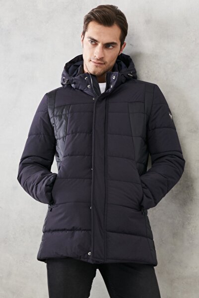 ALTINYILDIZ CLASSICS Navy Blue Men's Coat - Stand Collar, Hooded, Black Casual