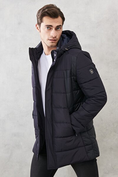 ALTINYILDIZ CLASSICS Navy Blue Men's Coat - Stand Collar, Hooded, Black Casual