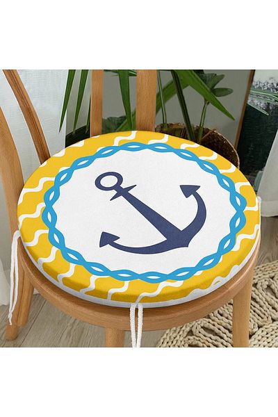 Realhomes Digital Printed Modern Round Zippered Chair Cushion with Anchor Drawing on Yellow Background
