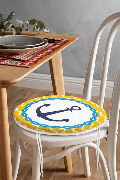 Realhomes Digital Printed Modern Round Zippered Chair Cushion with Anchor Drawing on Yellow Background