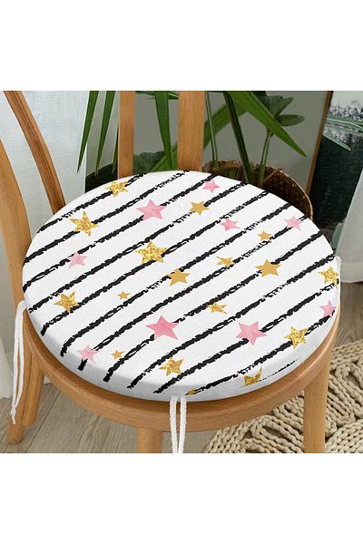 Realhomes Star Patterned White and Black Striped Digital Printed Round Zippered Chair Cushion