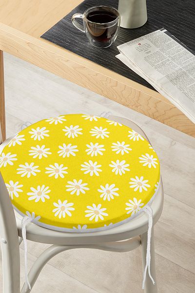 Realhomes Yellow Floor Daisy Patterned Digital Printed Round Zippered Chair Cushion