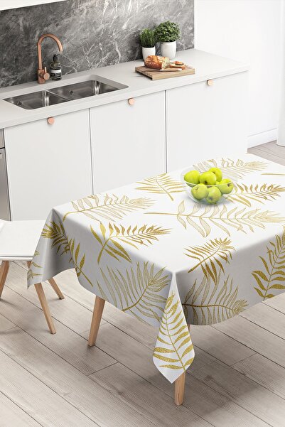 Nish & Royal Gold Tropical Leaves Digital Printed Modern Tablecloth
