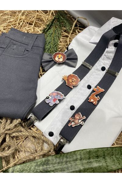 MFS Koyu Gri Askı Papyon Pantolon Gömlek