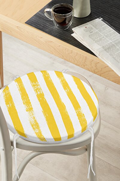 Realhomes Sarı Çizgili Motifli Modern Yuvarlak Fermuarlı Sandalye Minderi
