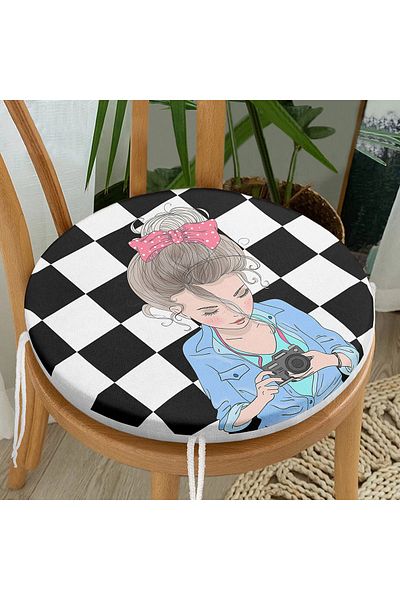 Realhomes Digital Printed Round Zippered Chair Cushion with Checkerboard Background Girl Taking Photos